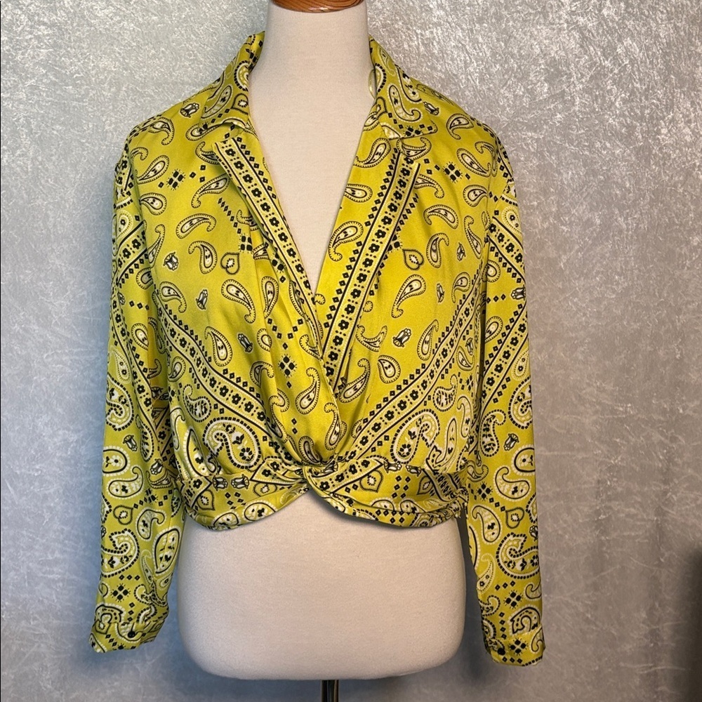 Zara Yellow Paisley Women's Faux wrap long sleeves Top size M